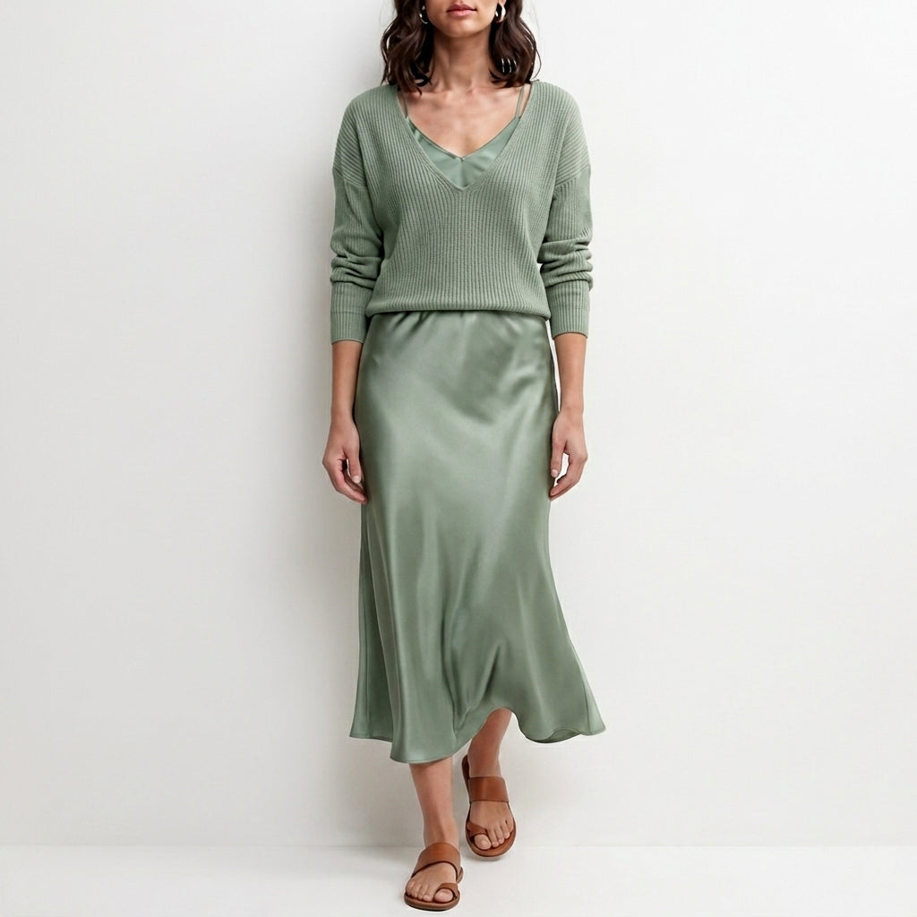 Duttini | Modern Relaxed V-Neck Knit Top And Satin Maxi Skirt Set