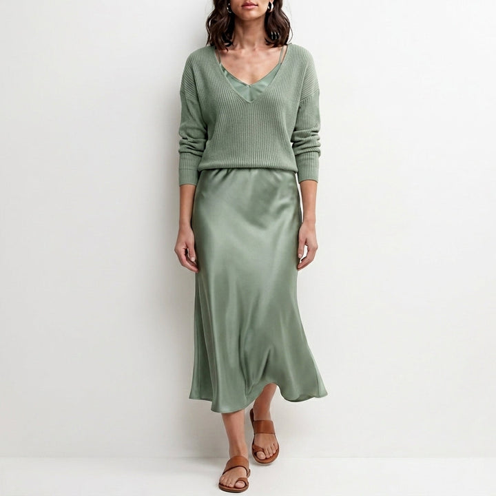 Duttini | Modern Relaxed V-Neck Knit Top And Satin Maxi Skirt Set