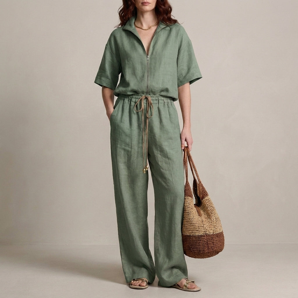 Duttini | Effortless Zip-Neck Top And Wide-Leg Trouser Set