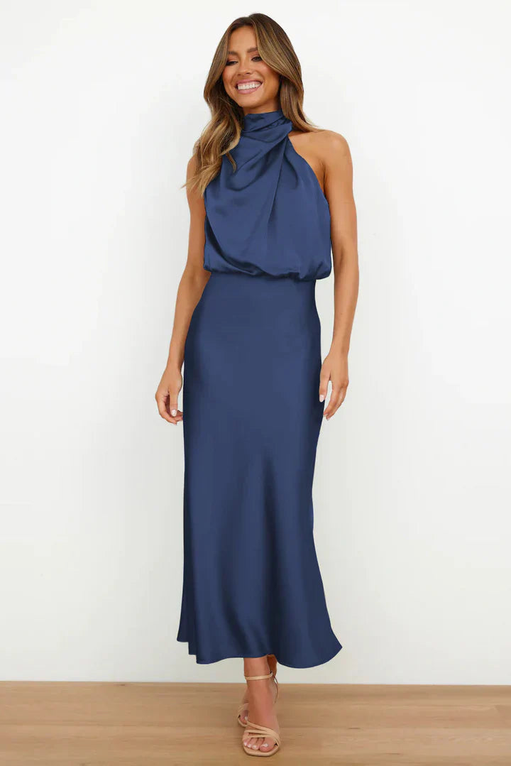 Duttini | Draped Neckline Satin Midi Dress