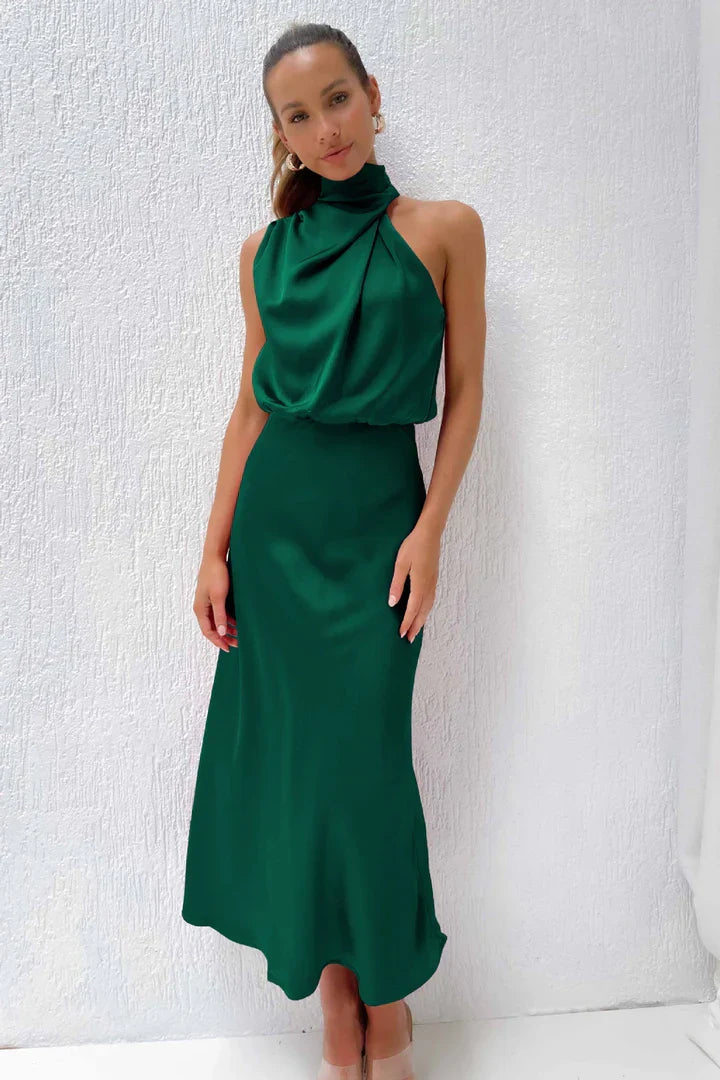 Duttini | Draped Neckline Satin Midi Dress