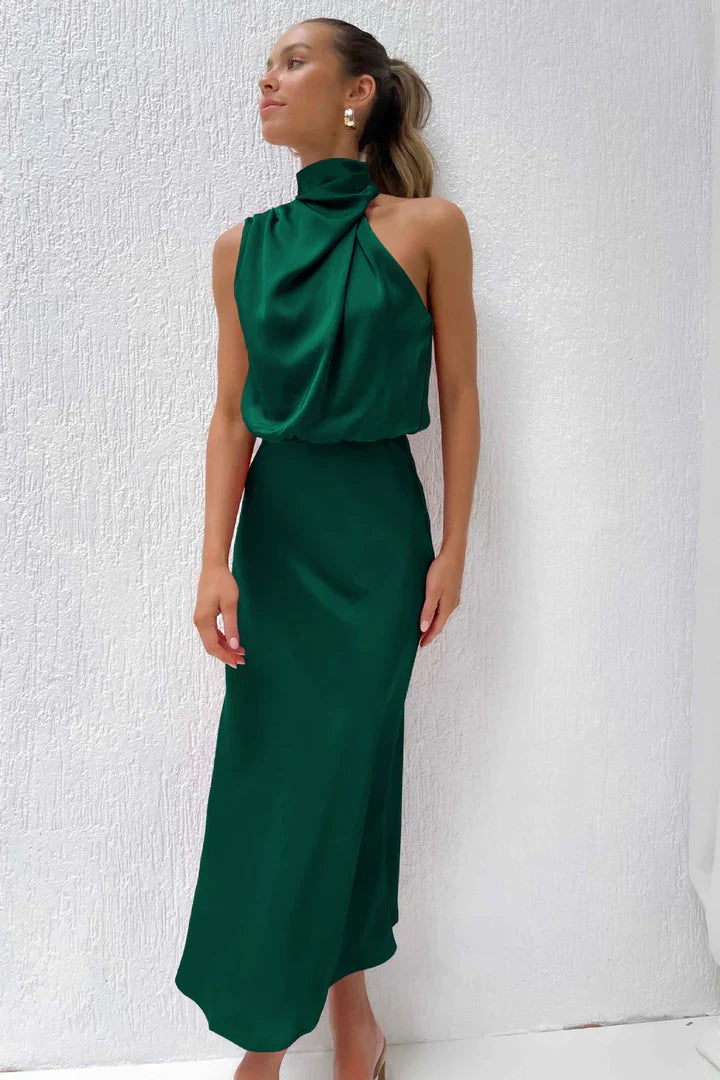 Duttini | Draped Neckline Satin Midi Dress
