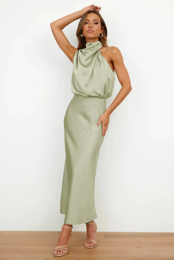Duttini | Draped Neckline Satin Midi Dress