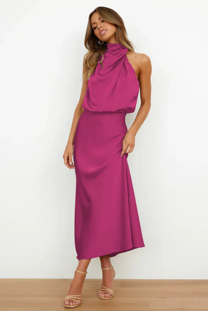 Duttini | Draped Neckline Satin Midi Dress