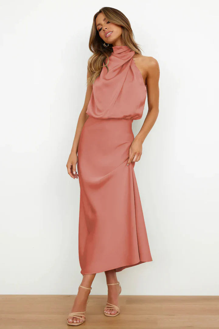 Duttini | Draped Neckline Satin Midi Dress