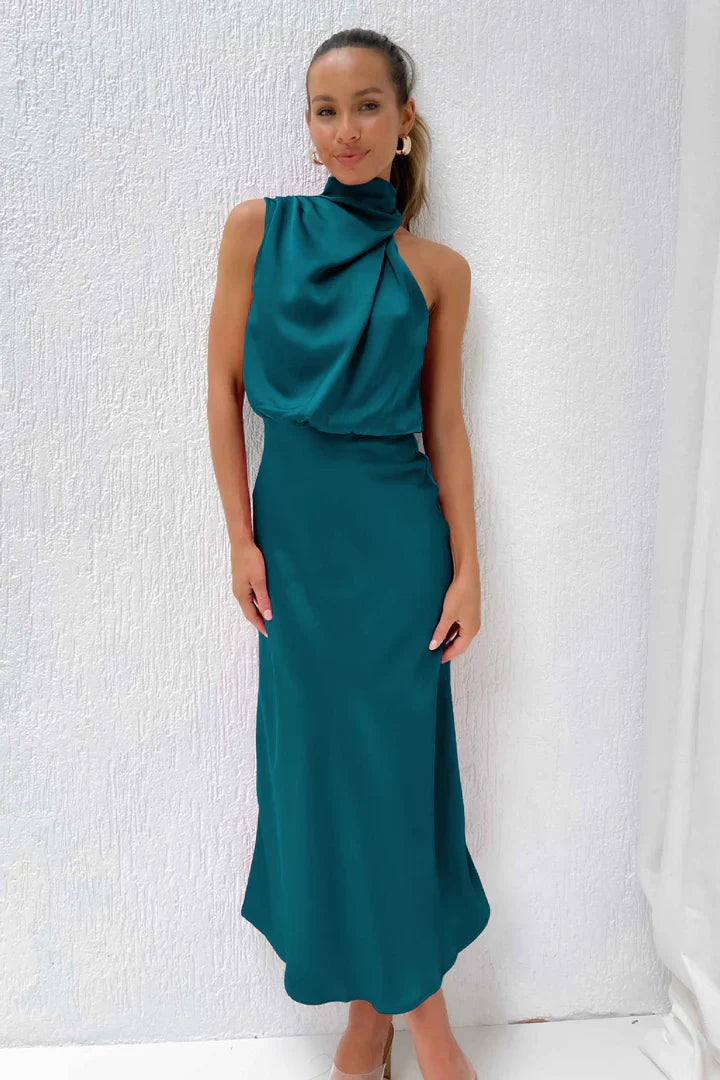 Duttini | Draped Neckline Satin Midi Dress