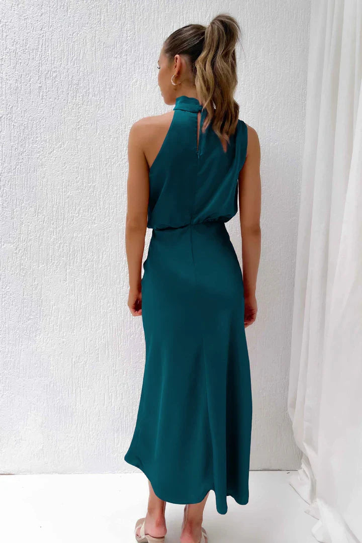 Duttini | Draped Neckline Satin Midi Dress