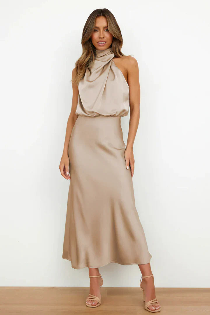 Duttini | Draped Neckline Satin Midi Dress