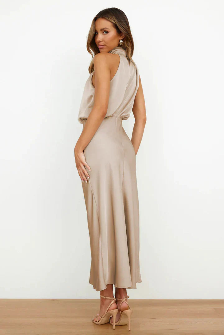 Duttini | Draped Neckline Satin Midi Dress