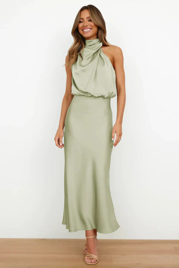 Duttini | Draped Neckline Satin Midi Dress
