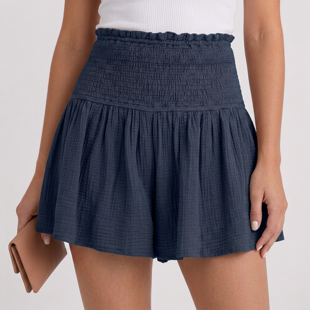 Duttini | Sophisticated Textured Smocked Waist Shorts With Ruffle Trim And Gathered Detail
