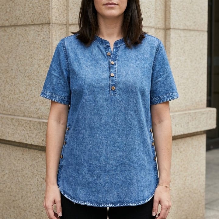Duttini | Feminine Relaxed Button-Front Denim Look Tunic Top