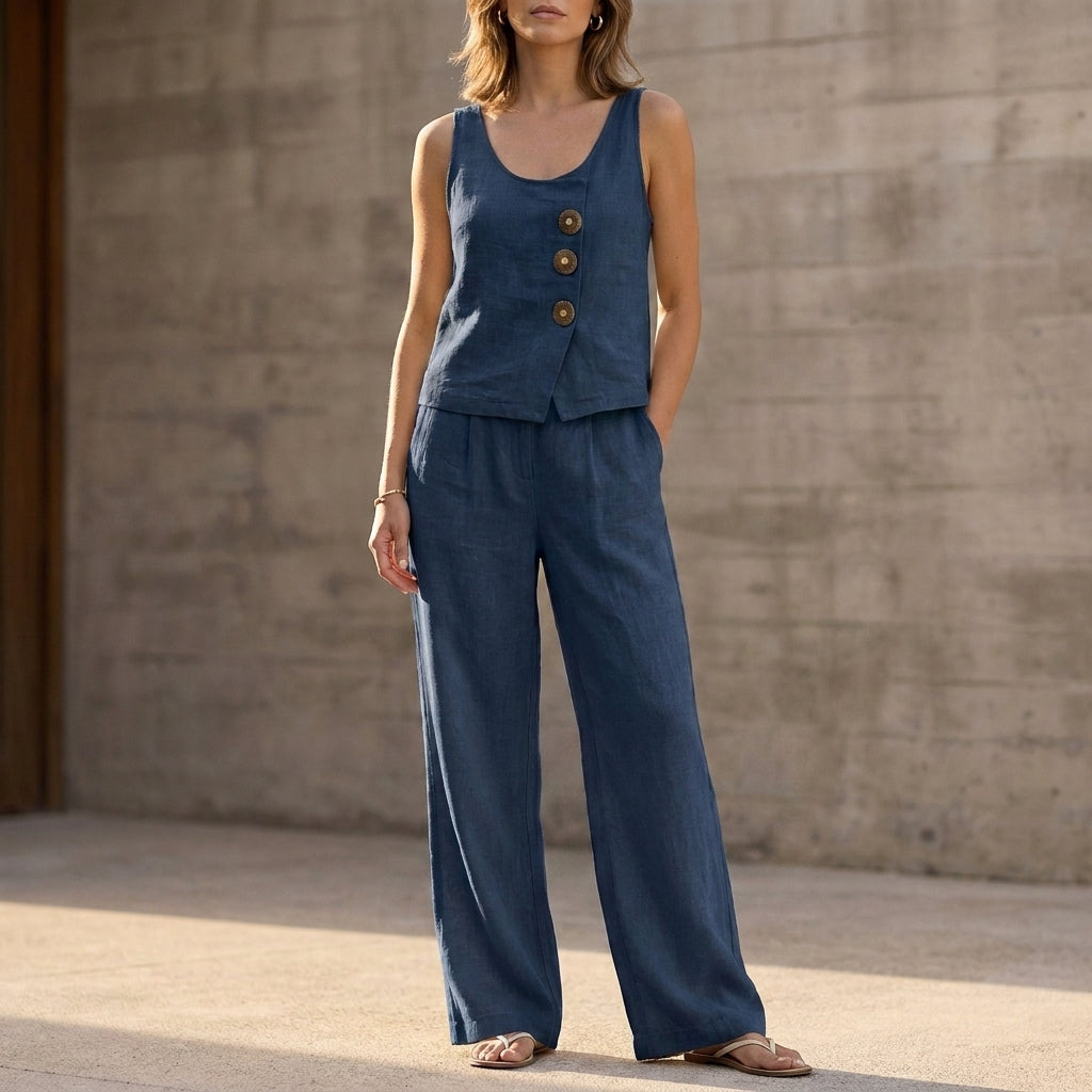 Duttini | Luxe Relaxed Sleeveless Two-Piece Set With Decorative Buttons And Wide-Leg Trousers
