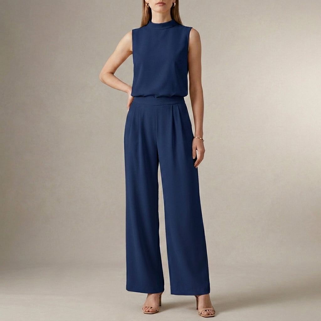 Duttini | Flowing Tailored Sleeveless Mock-Neck Top With High-Waisted Wide-Leg Trousers Set