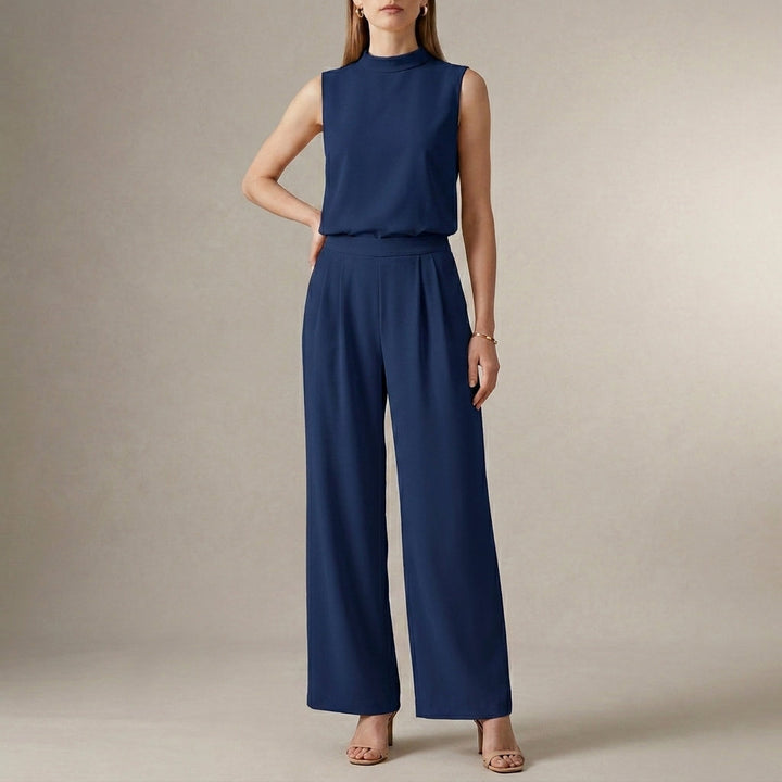 Duttini | Flowing Tailored Sleeveless Mock-Neck Top With High-Waisted Wide-Leg Trousers Set