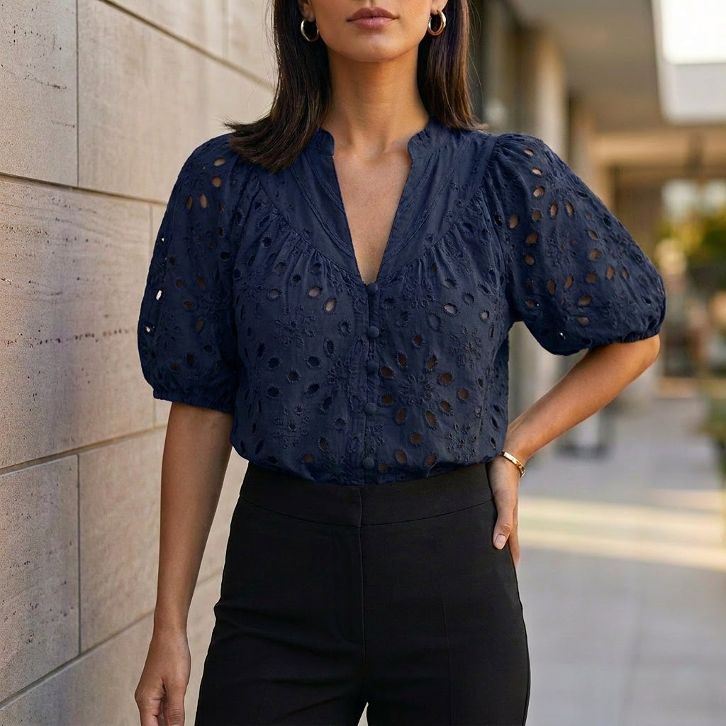 Duttini | Sophisticated Embroidered V-Neck Blouse With Voluminous Lantern Sleeves And Eyelet Detail