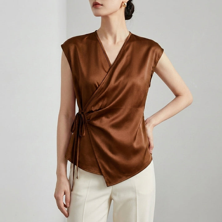 Duttini | Refined Tailored Sleeveless Wrap Blouse With Pleated Draping And Side Tie Closure