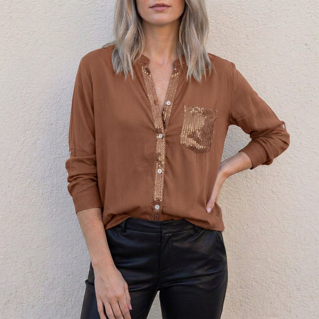 Duttini | Sculpted Relaxed Button-Front Statement Pocket Blouse