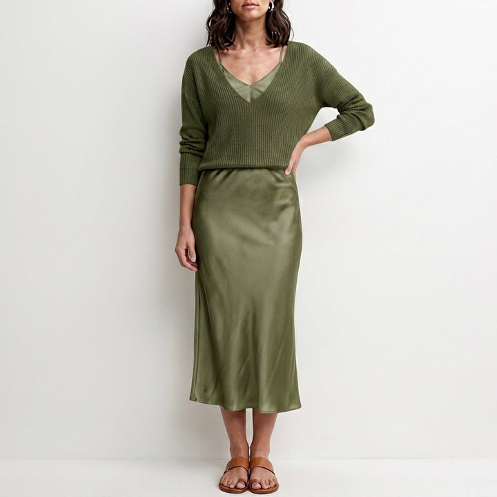 Duttini | Modern Relaxed V-Neck Knit Top And Satin Maxi Skirt Set