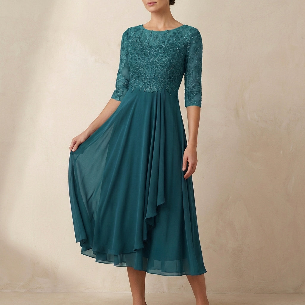 Duttini | Elegant Embroidered A-Line Midi Dress With Sheer Sleeves And Pockets