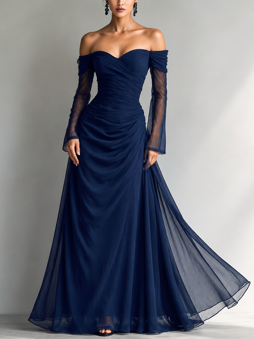 Duttini | Dark Blue Chiffon Evening Dress