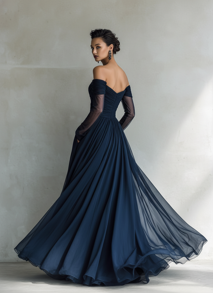 Duttini | Dark Blue Chiffon Evening Dress