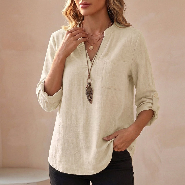 Duttini | Chic Relaxed V-Neck Cotton Linen Tunic Blouse With Roll-Up Sleeves