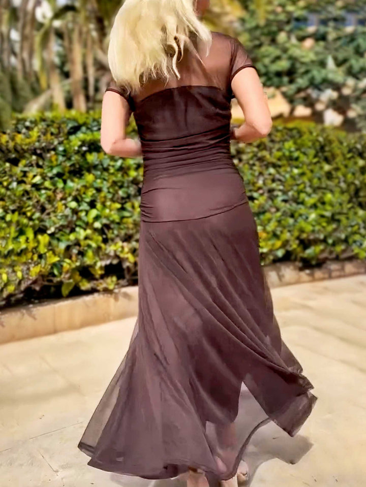 Duttini | Elegant Mesh Pleated Wide-Leg Hip-Hugging Dress