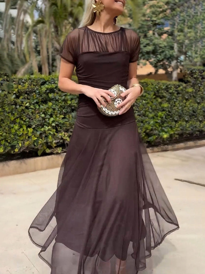 Duttini | Elegant Mesh Pleated Wide-Leg Hip-Hugging Dress