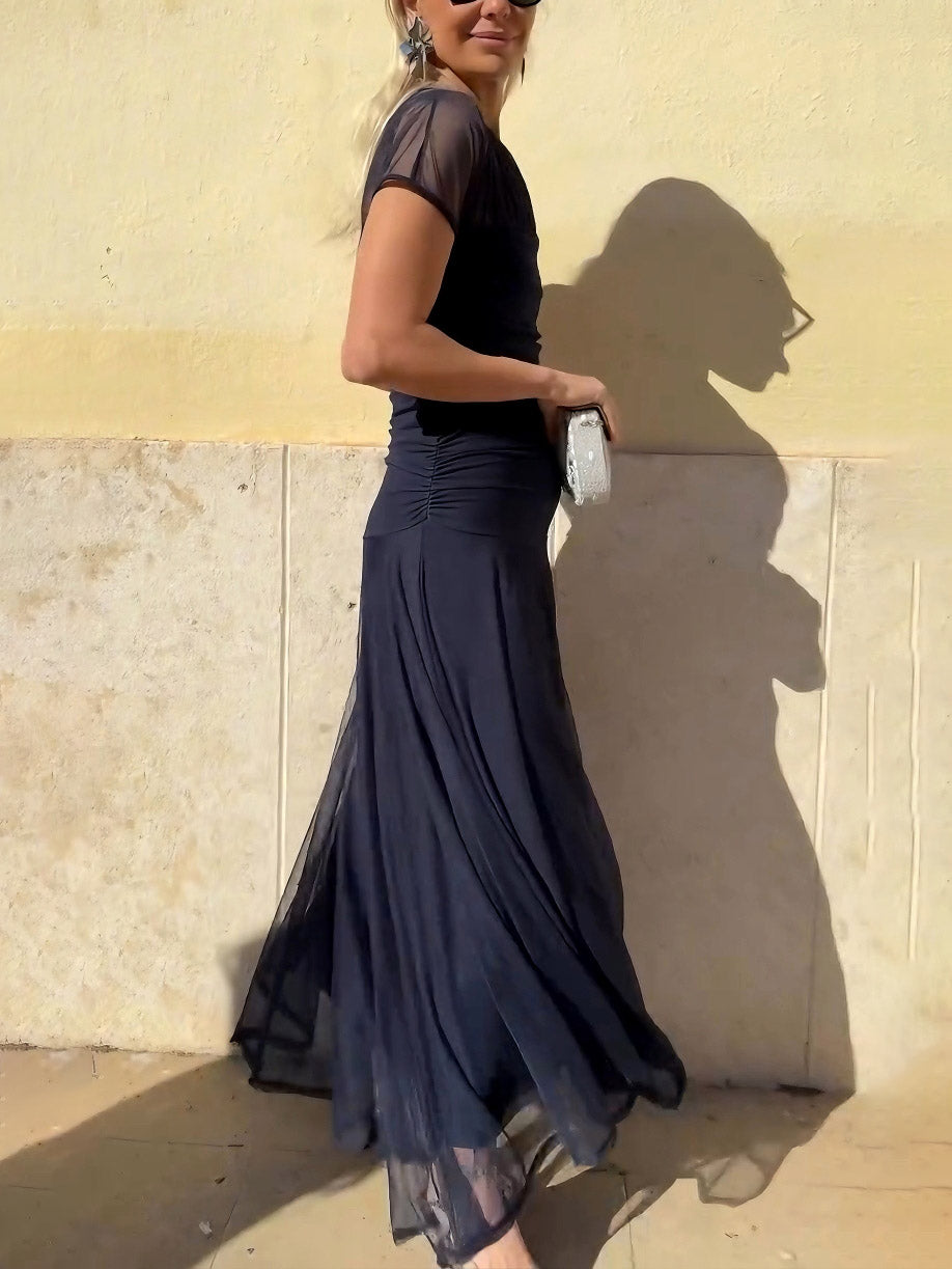 Duttini | Elegant Mesh Pleated Wide-Leg Hip-Hugging Dress