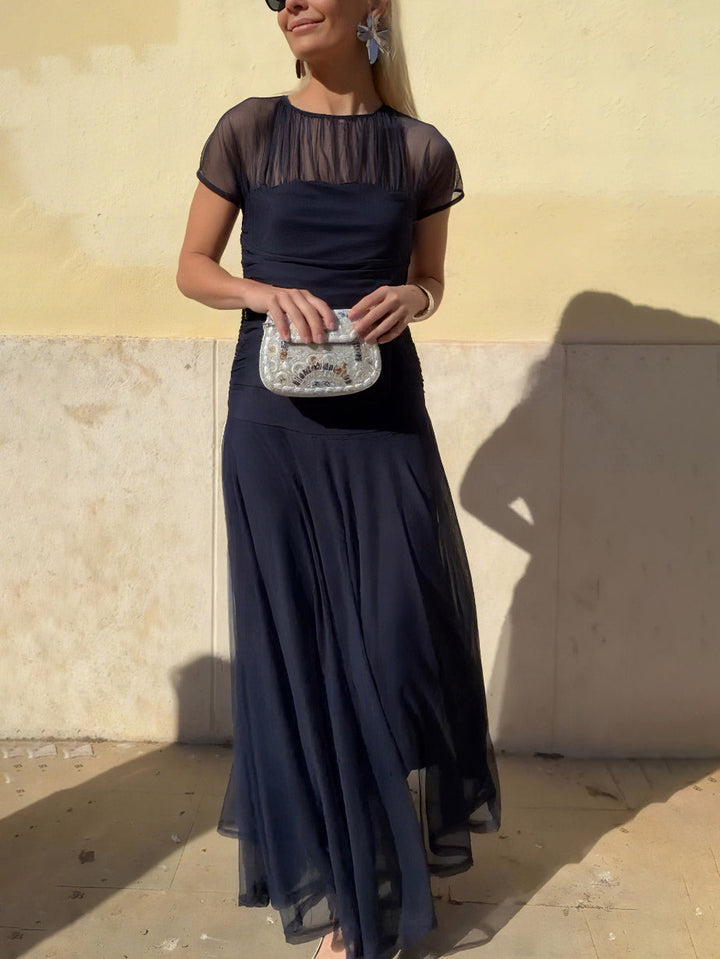 Duttini | Elegant Mesh Pleated Wide-Leg Hip-Hugging Dress