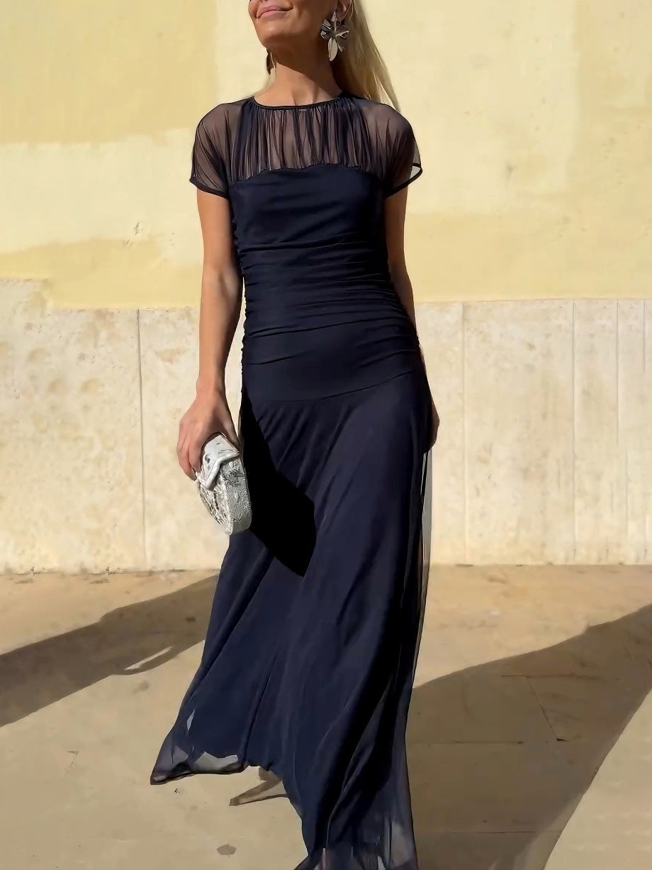 Duttini | Elegant Mesh Pleated Wide-Leg Hip-Hugging Dress