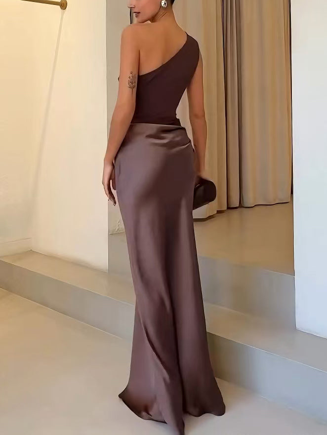Duttini | Elegant One Shoulder Neck Pleated Party Maxi Dress