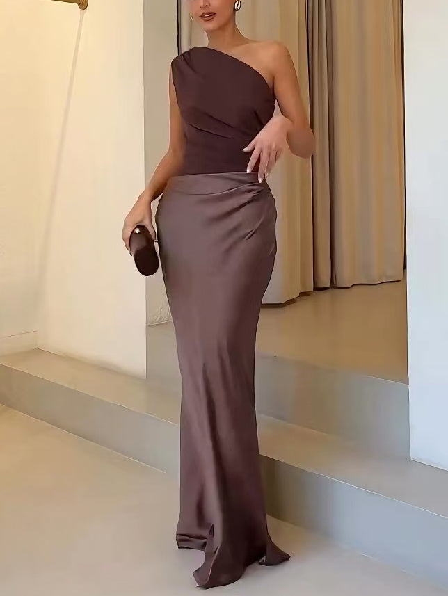 Duttini | Elegant One Shoulder Neck Pleated Party Maxi Dress