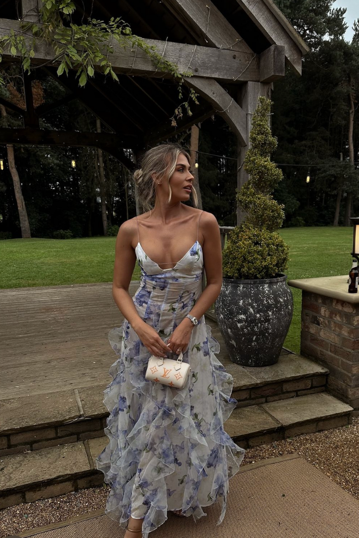 Duttini | Feminine Wedding Guest Lace Floral Maxi Dress For Garden Wedding