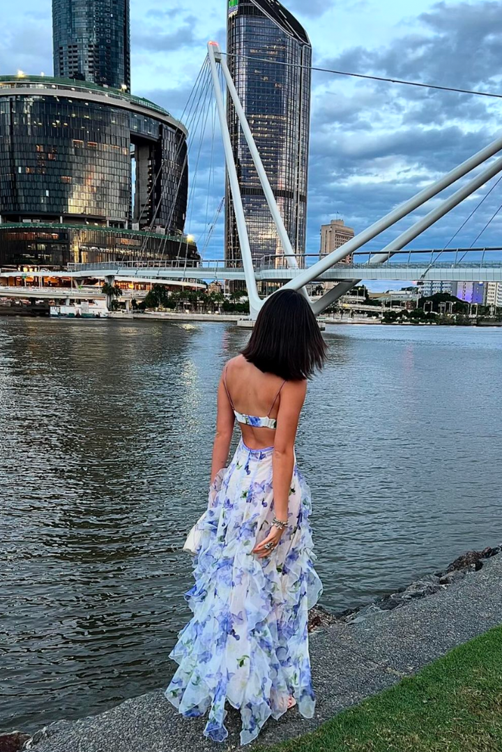 Duttini | Feminine Wedding Guest Lace Floral Maxi Dress For Garden Wedding
