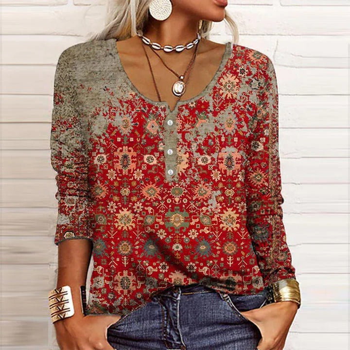 Duttini | Boho Print Long Sleeve Top V-Neck Henley Blouse