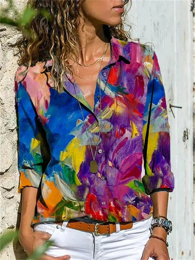 Duttini | Graceful Floral Print Long Sleeve Button-Down Blouse