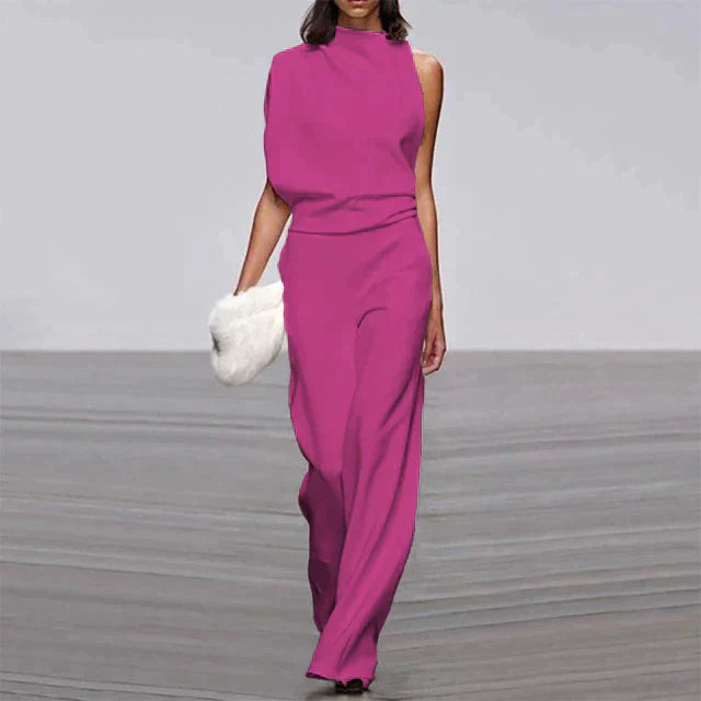 Duttini | Feminine Sleeveless Wide Leg Jumpsuit Mock Neck Formal