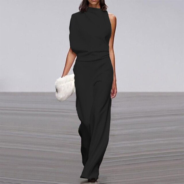 Duttini | Feminine Sleeveless Wide Leg Jumpsuit Mock Neck Formal