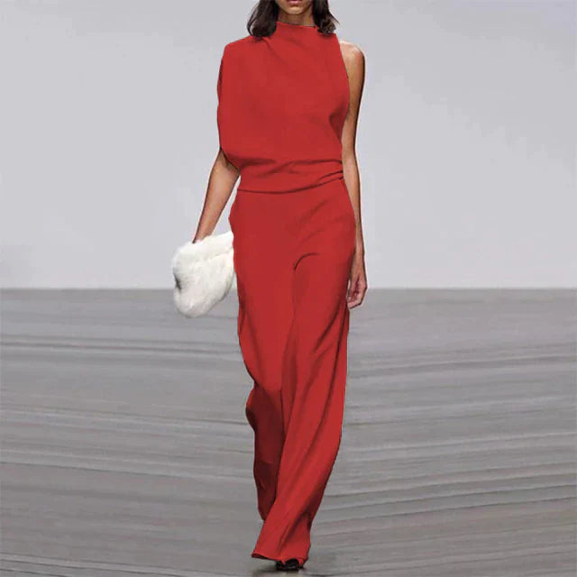 Duttini | Feminine Sleeveless Wide Leg Jumpsuit Mock Neck Formal