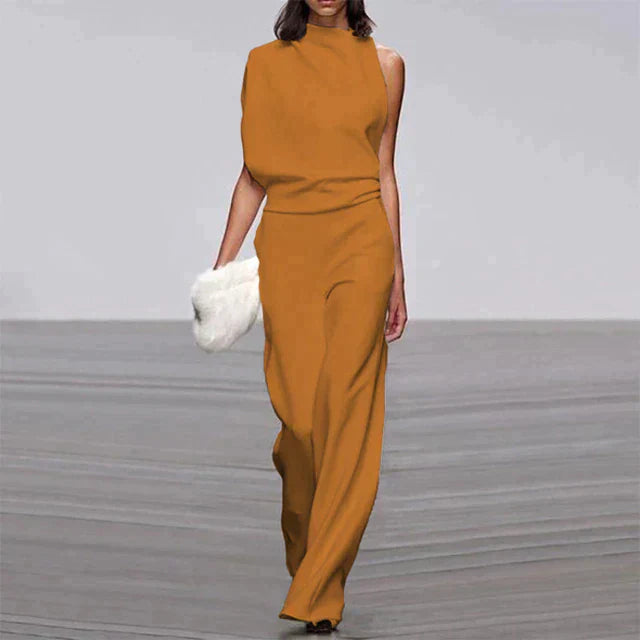 Duttini | Feminine Sleeveless Wide Leg Jumpsuit Mock Neck Formal
