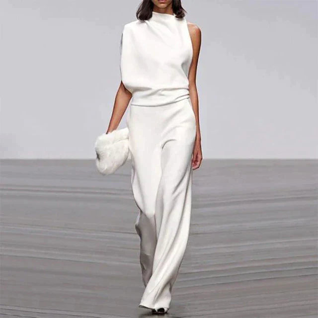 Duttini | Feminine Sleeveless Wide Leg Jumpsuit Mock Neck Formal