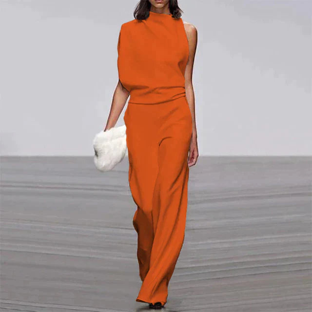 Duttini | Feminine Sleeveless Wide Leg Jumpsuit Mock Neck Formal