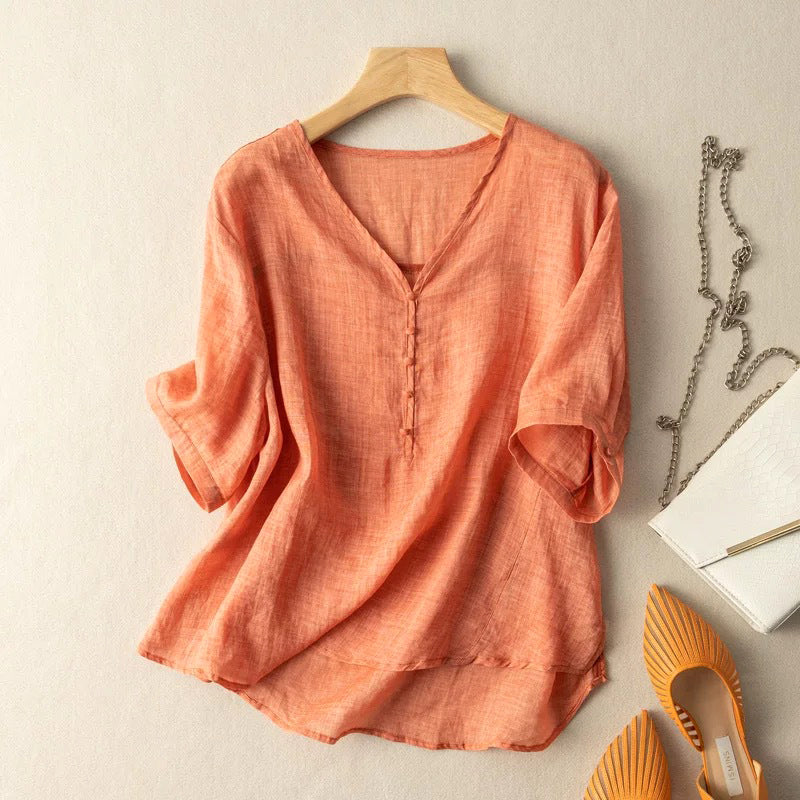 Duttini | Luxe Linen Blend V-Neck Henley Blouse With Sleeves