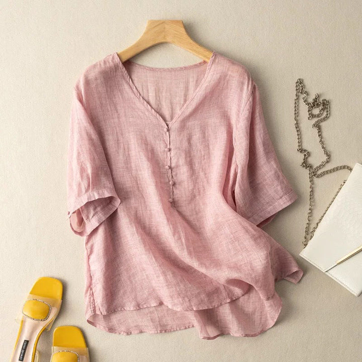 Duttini | Luxe Linen Blend V-Neck Henley Blouse With Sleeves