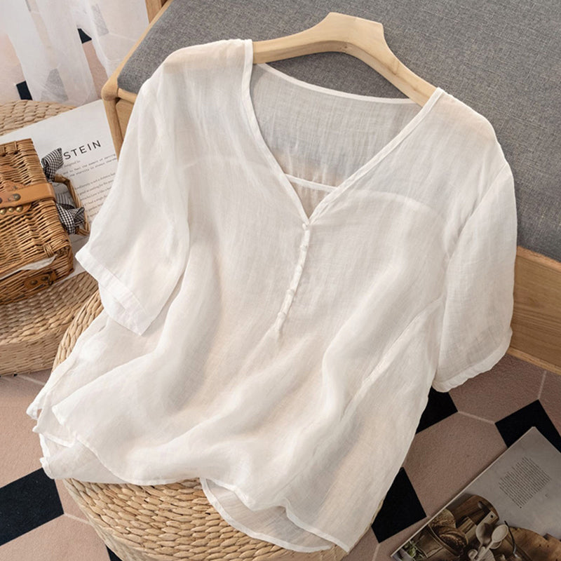 Duttini | Luxe Linen Blend V-Neck Henley Blouse With Sleeves