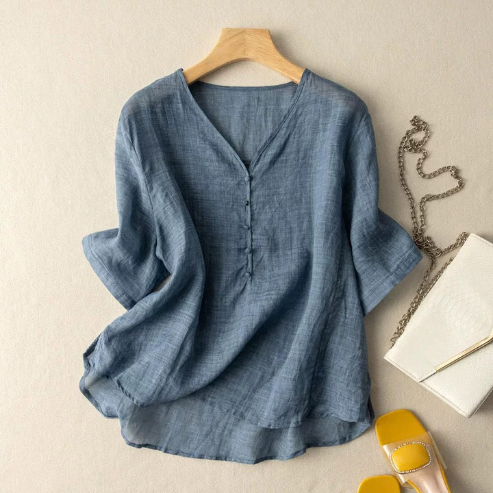 Duttini | Luxe Linen Blend V-Neck Henley Blouse With Sleeves