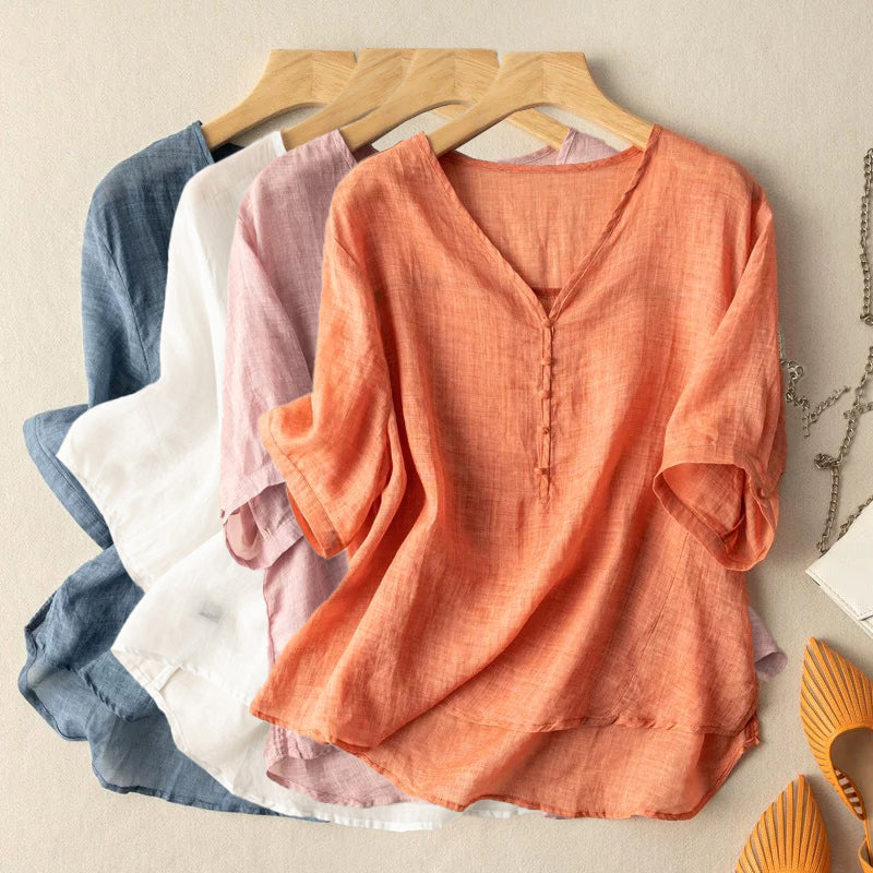 Duttini | Luxe Linen Blend V-Neck Henley Blouse With Sleeves