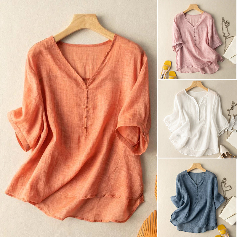 Duttini | Luxe Linen Blend V-Neck Henley Blouse With Sleeves